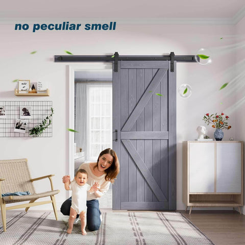 Gray Wood Barn Door Slab 36 Inch By 84 Inch With 6.6 Ft Barn Door Hardware Track Kit Included in modern home setting