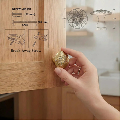 Champagne Bronze Cabinet Knobs Ten Pack Vintage Round Floral Hardware One Point Four Inch Classic Kitchen Handles Installed