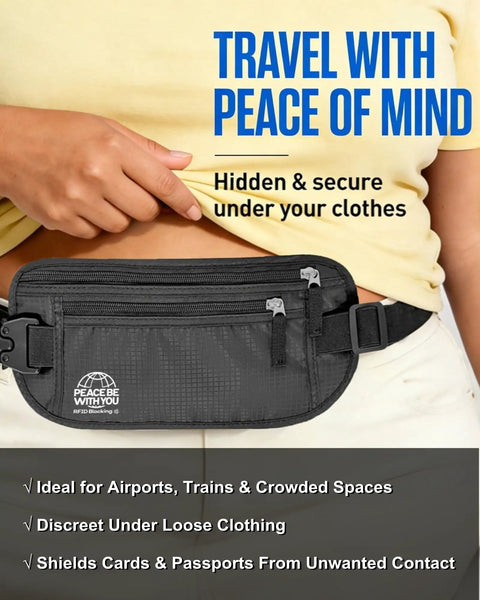 Travel Money Belt With RFID Blocking And Sweat Proof Heavy Duty Buckle Anti Theft Waist Wallet Stash shown under clothes