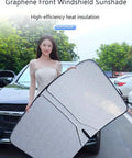 Heavy Duty Double Layer Windshield Sun Shade For Rivian R2 2026 held by woman, showing graphene material for heat protection.