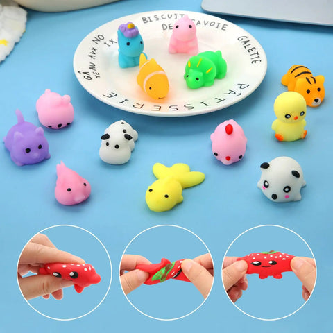 30 Pack Totally Rad Squishy Toys Mini Kawaii Mochi Squeeze Buddies with colorful animal designs on a plate.