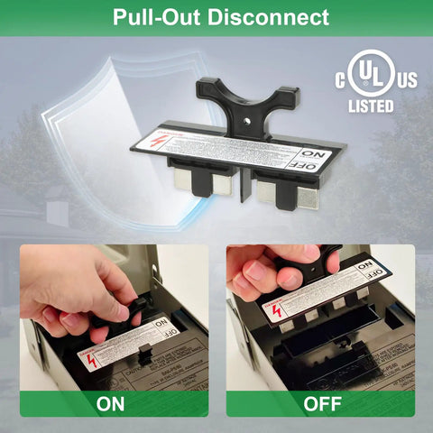 Field Ready 60A AC Disconnect Box With Non Fused Pull Out Switch being operated in ON and OFF positions
