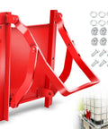 Red 9 by 9 inch manual sliding grain gate with screws for pickup trucks, showing installation components and silo setup.
