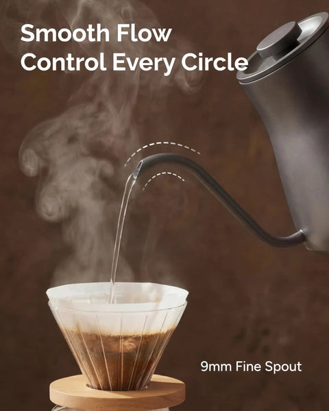 Gooseneck Electric Kettle With Precise Temperature Control Plus Or Minus One Degree Fahrenheit pouring water into filter