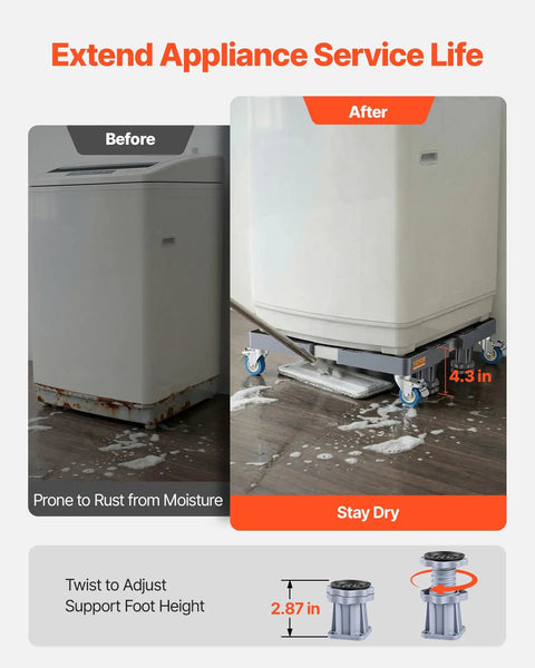 Heavy Duty Rolling Base For Mini Fridge And Washing Machine 16 To 25 In Adjustable Mobile Platform with casters elevating appliances above moisture.