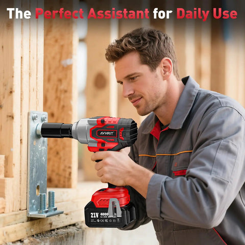 Man using Cordless Impact Wrench 650 Nm High Torque One Half Inch Drive With Two 4.0Ah Batteries on metal bolts