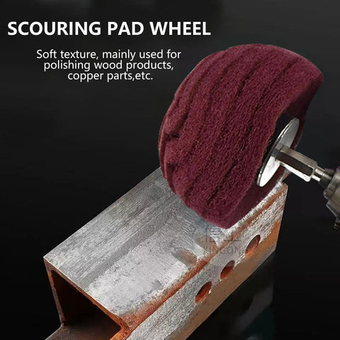 Six Pack Non Woven Abrasive Drill Buffing Wheel Set with 1/4 Inch Shank polishing metal surface with red pad