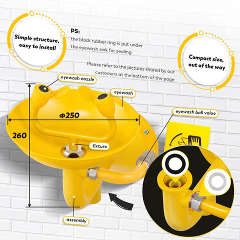 Wall Mounted Emergency Eye Wash Station With OSHA Approval, Stainless Steel 304 Plus Epoxy Coating, labeled parts diagram