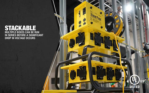 Heavy Duty Portable Temporary Power Box With Six 5-20R Receptacles And Reliable GFCI Protection Built Like A Tank With 14 Gauge Steel For Demanding Jobsite Projects, stacked for organized power distribution.