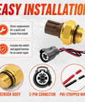 Radiator Coolant Fan Switch Replacement With Connector Pigtail Harness Water Temperature Sensor Switch For Honda Accord Civic CR V Odyssey And Acura Integra RSX TL CL Plug And Play Drop In Ready, sensor body and 2-pin connector
