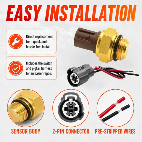 Radiator Coolant Fan Switch Replacement With Connector Pigtail Harness Water Temperature Sensor Switch For Honda Accord Civic CR V Odyssey And Acura Integra RSX TL CL Plug And Play Drop In Ready, sensor body and 2-pin connector
