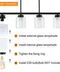 Assembly steps for 4 Light Pendant Light With Industrial Style For Kitchen Island, showing glass shades and E26 bulb socket.