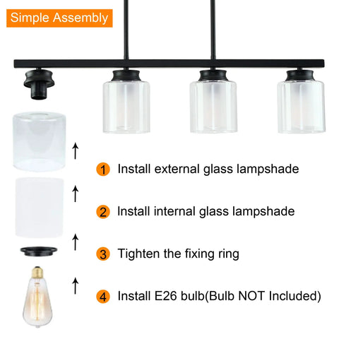 Assembly steps for 4 Light Pendant Light With Industrial Style For Kitchen Island, showing glass shades and E26 bulb socket.