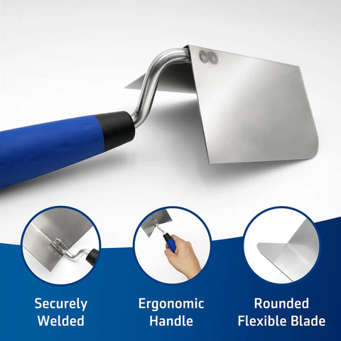 Pro Grade Inside Corner Drywall Trowel with stainless steel blade and soft grip handle visible from side view, featuring rust-resistant design.