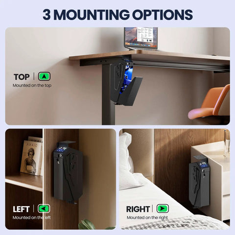 Slick Grab And Go Biometric Bedside Gun Safe For Handguns shown with three mounting options: on top, left, and right for easy access.