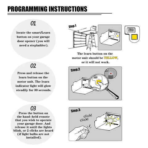 Programming instructions for Four Pack Yellow Learn Button Garage Door Remote Keychain Replacements For Sears Craftsman Chamberlain And LiftMaster