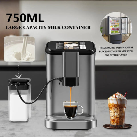 Top Notch Fully Automatic Espresso Machine With Smart Tft Display and One Touch Programs featuring large milk container and coffee extraction.