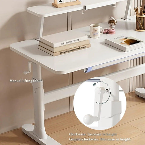 Badass Height Adjustable Standing Desk With Manual Crank Drawer And Removable Bookshelf For A Dope Home Office Setup Ergonomic Workstation showing crank mechanism