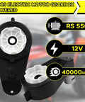 Two Pack 24V Electric Motor Gearbox For Kids Ride On Toys Car RS555 40000RPM details with icons and specifications