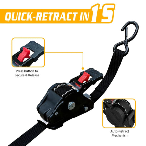 Tough Built Retractable Ratchet Straps For Heavy Duty Cargo Hauling Auto Retract Tie Downs One Inch By Eighteen Hundred Pound Break Strength Easy Pull And Go Hassle Free Storage Keeps Your Rig Locked And Loaded