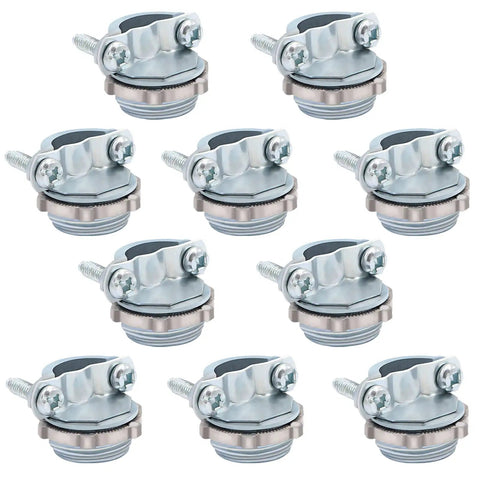 Ten Pack Three Quarters Inch Clamp Type Cable Connectors For Metallic Conduit To Protect Cables Silver Zinc Alloy Construction