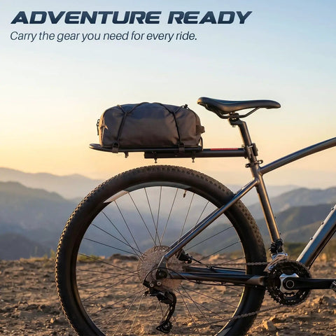 Bike on mountain path with Adjustable Rear Bike Carrier Rack With 20Lb Capacity Universal Extendable Aluminum Cargo Rack carrying gear