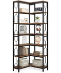 Seven Tier Corner Shelf Industrial Bookcase Crafted Tough To Clear The Decks Of Clutter While Holding Down All Your Gear And Keeping Every Nook Looking Sharp And Tidy in black and wood.