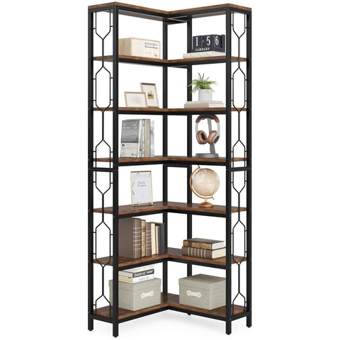 Seven Tier Corner Shelf Industrial Bookcase Crafted Tough To Clear The Decks Of Clutter While Holding Down All Your Gear And Keeping Every Nook Looking Sharp And Tidy in black and wood.