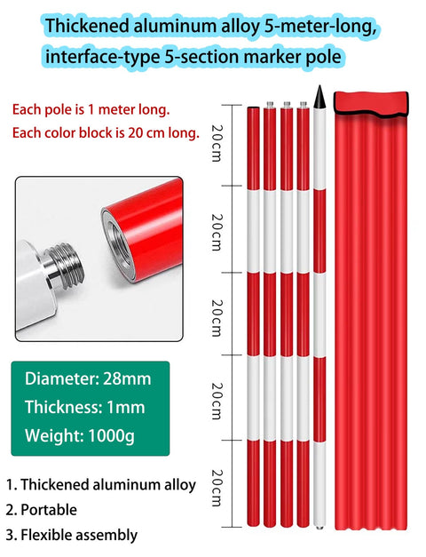 Pro Grade Aluminum Survey Pole 196.9 Inch Detachable Measuring Rod for Fieldwork with 5-section design and red color blocks.