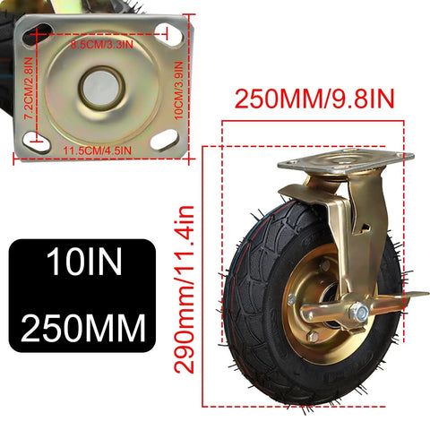 Heavy Duty Swivel Caster Wheels Set Of Four With Side Brakes And Shock Absorbing Pneumatic Rubber Tires For Smooth Cart Rolls Supporting 1300 Lbs Capacity, 10 inch size