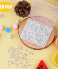 Three Styles Mini Screw Eye Pins Set 720 Pcs Silver Eye Screws for DIY Crafts in Storage Box on Decorative Surface