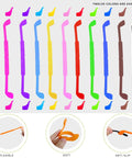 Assorted 12-color kids silicone glasses straps with ear hooks showcasing flexibility, softness, and anti-slip features.