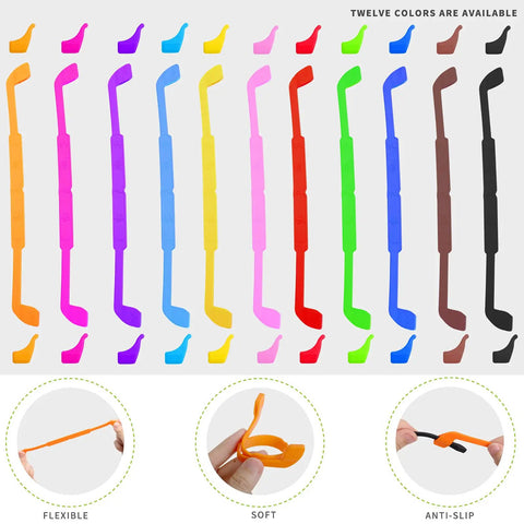 Assorted 12-color kids silicone glasses straps with ear hooks showcasing flexibility, softness, and anti-slip features.