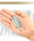 Hand holding 120 Piece Cotter Pins Assortment Kit 304 Stainless Steel 6 Sizes for DIY automotive equipment.