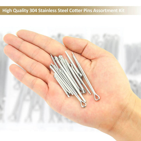 Hand holding 120 Piece Cotter Pins Assortment Kit 304 Stainless Steel 6 Sizes for DIY automotive equipment.