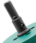 Close-up of Qjaiune 70mm hole saw with arbor and hex shank on a green hole saw