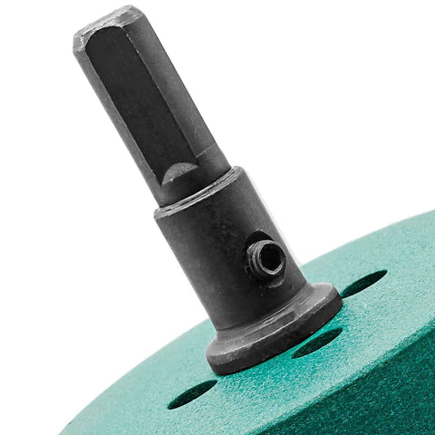 Close-up of Qjaiune 70mm hole saw with arbor and hex shank on a green hole saw