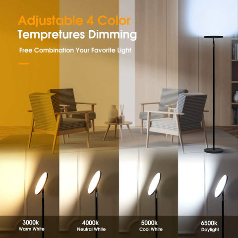32W 2600LM LED Torchiere Floor Lamp With Remote, Super Bright Living Room Light, showing 4 color temperatures and stepless dimming