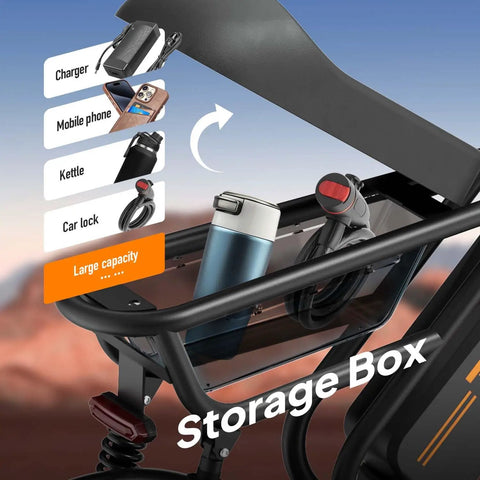 Open storage box on Beastly 1000W Peak Motor Fat Tire Electric Bike For Adults And Teens With 48V 13Ah Battery Up To 60 Mile Range 16 Inch Off Road E Bike Three Speed Levels And Pedal Assist UL 2849 Certified showing capacity for charger, phone, kettle, and lock.