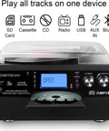 DigitaNow Nine In One Turntable With Speakers 3 Speed Records Player CD Cassette Radio Bluetooth Aux USB SD Card Support For Vinyl Lovers Black finish with display and playback controls