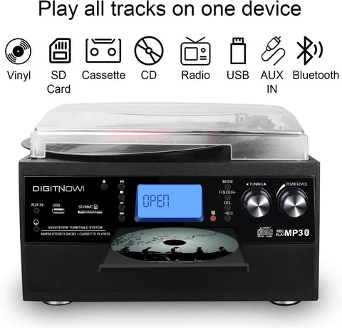 DigitaNow Nine In One Turntable With Speakers 3 Speed Records Player CD Cassette Radio Bluetooth Aux USB SD Card Support For Vinyl Lovers Black finish with display and playback controls
