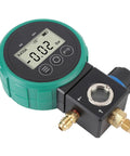 Professional HVAC Pressure Gauge Set With Digital Meter For Car AC Cooling System Charging And Quick Leak Detection showing LCD and brass connectors.