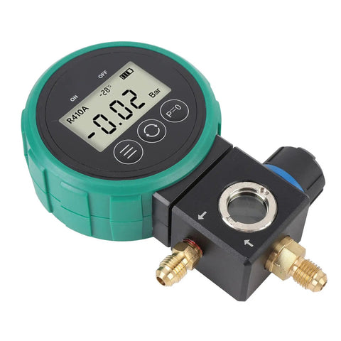 Professional HVAC Pressure Gauge Set With Digital Meter For Car AC Cooling System Charging And Quick Leak Detection showing LCD and brass connectors.