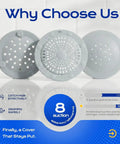 2 Pack Silicone Shower Drain Hair Catcher Designed For Sunken Tub Installations Heavy Duty Strainer showing grey silicone strainers with suction points.