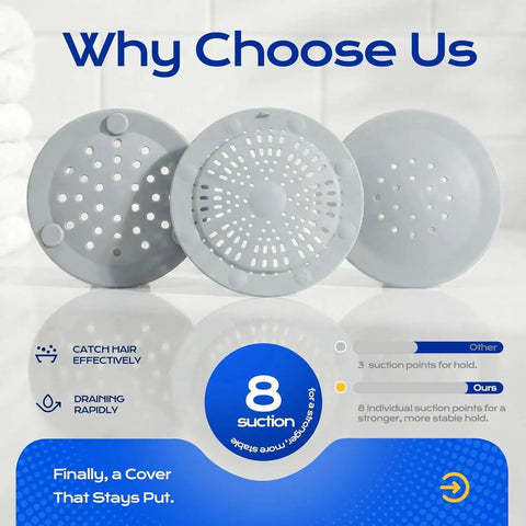 2 Pack Silicone Shower Drain Hair Catcher Designed For Sunken Tub Installations Heavy Duty Strainer showing grey silicone strainers with suction points.
