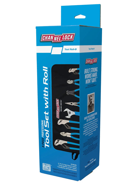8 Piece Pro Tool Roll Set With Pliers And Adjustable Wrench box packaging displaying tool images