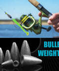 Bullet Fishing Sinkers Pack Set With Six Sizes From One Sixteenth Oz To One Half Oz Slip Sinker Worm Sinker For Bass Fishing Texas Rig Lead Weights That Drop Fast And Stay Durable 35 50 Pack Options shown with fishing rod and reel.