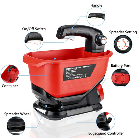 Milwaukee 18V Compatible Salt And Seed Spreader Handheld Fertilizer Spreader with 3.7L Capacity, showing components and features.