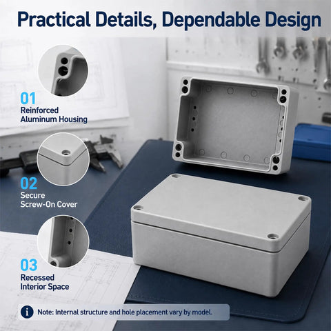 Rock Solid IP67 Aluminum Junction Box Panel Ready Mounting Enclosure With Precision Holes No Leak Seal Corrosion Proof Housing For Handyman And Industrial Wiring Jobs Built Tough, showing interior and exterior design.