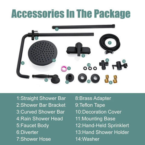 Matte Black Exposed Pipe Shower System With 8 Inch Rain Shower Head And Brass Fixture Dual Function Shower Faucet components